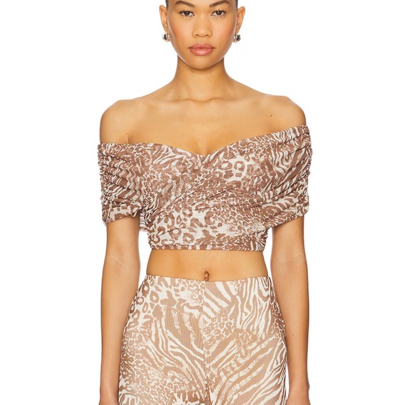 AFRM Tops - AFRM Fabiola Top in Taupe Brown Animal Print Off-Shoulder Crop Top Medium